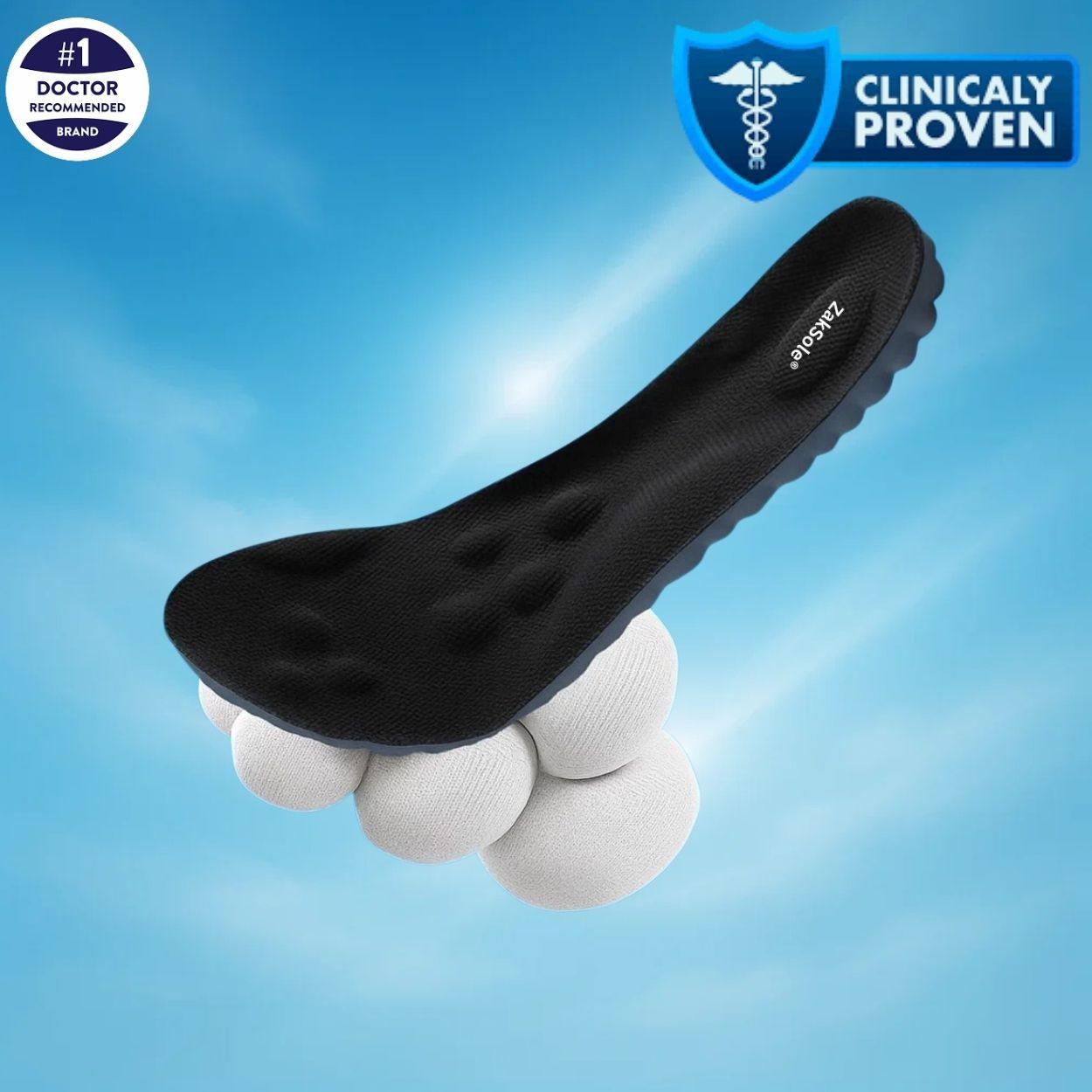 Black shoe insert with white balls on a blue background,
