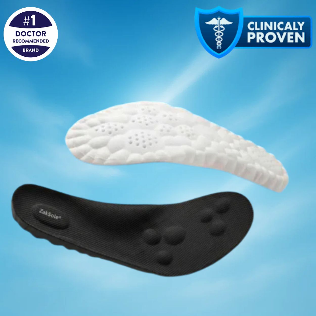 Black and white shoe insoles with 'Clinically Proven' 