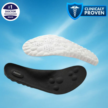 Black and white shoe insoles with 'Clinically Proven' 