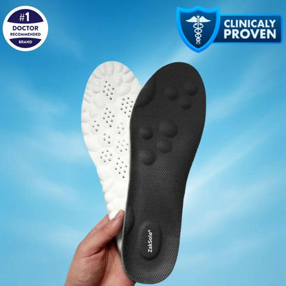 Black and white shoe insole held by a hand with 'Clinically Proven'