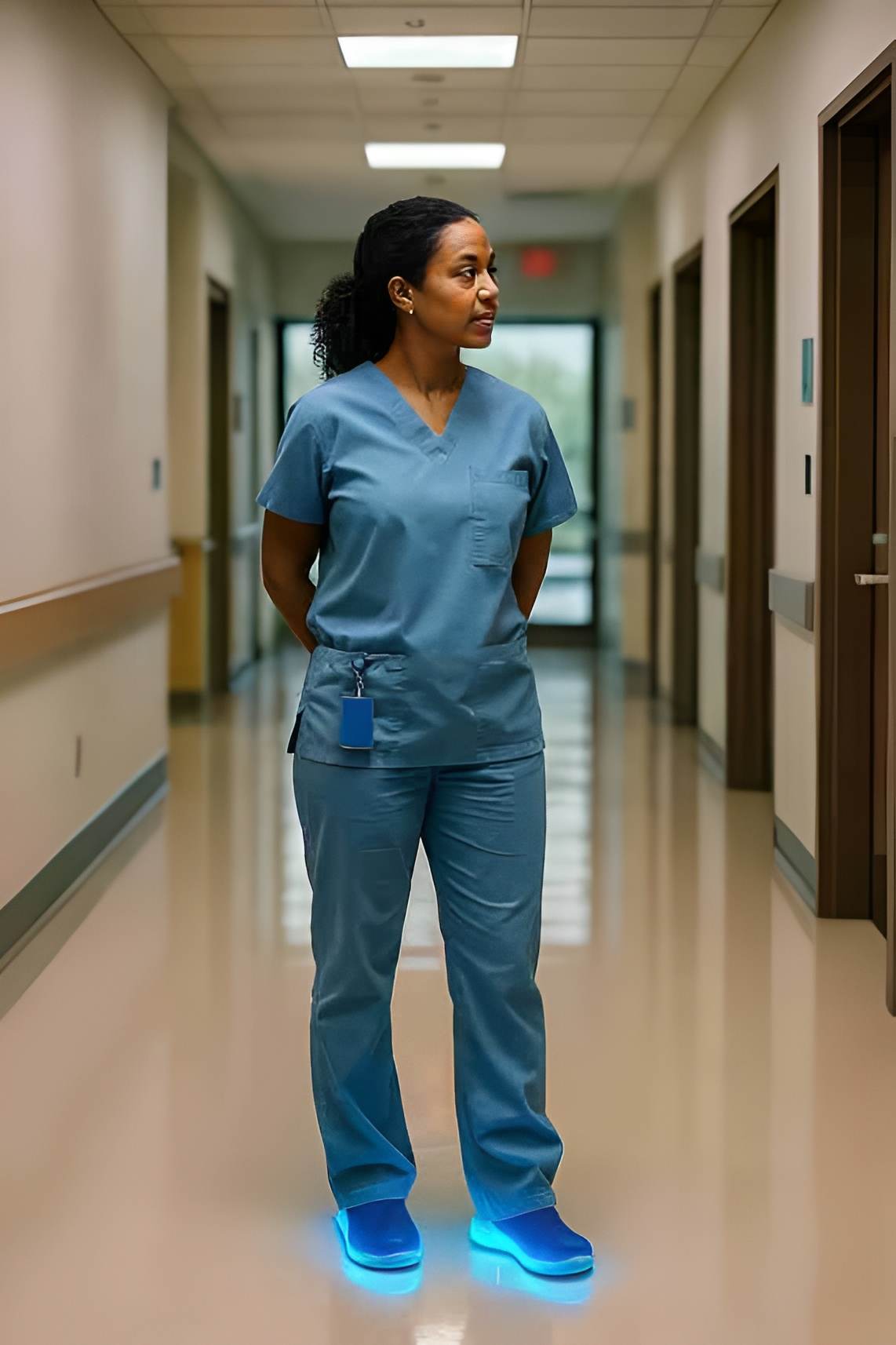 Nurse in blue scrubs standing in a hospital hallway