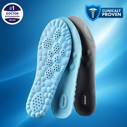 Blue and black shoe insoles with 'Zaksole