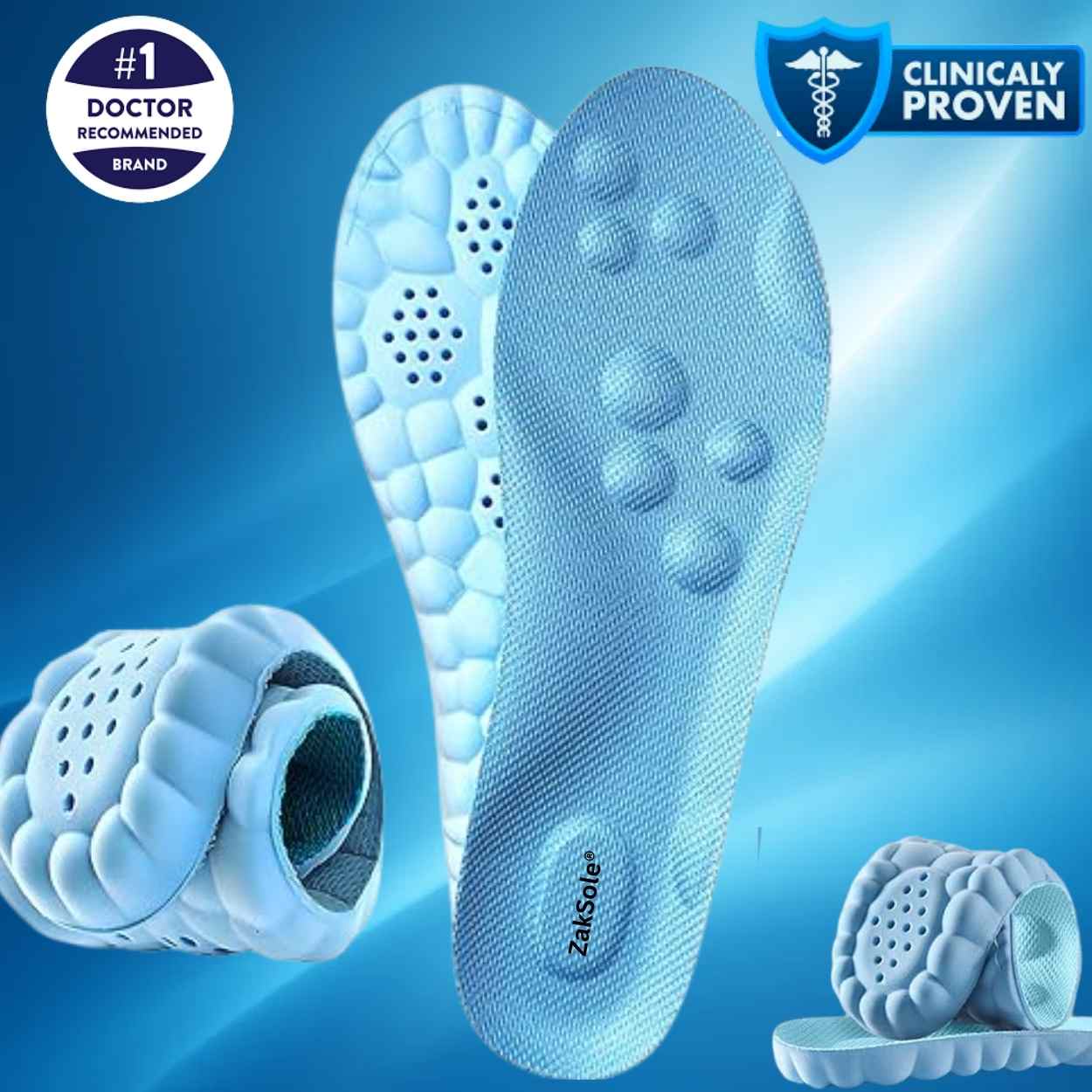 Blue shoe insoles with text indicating 'Clinically Proven'
